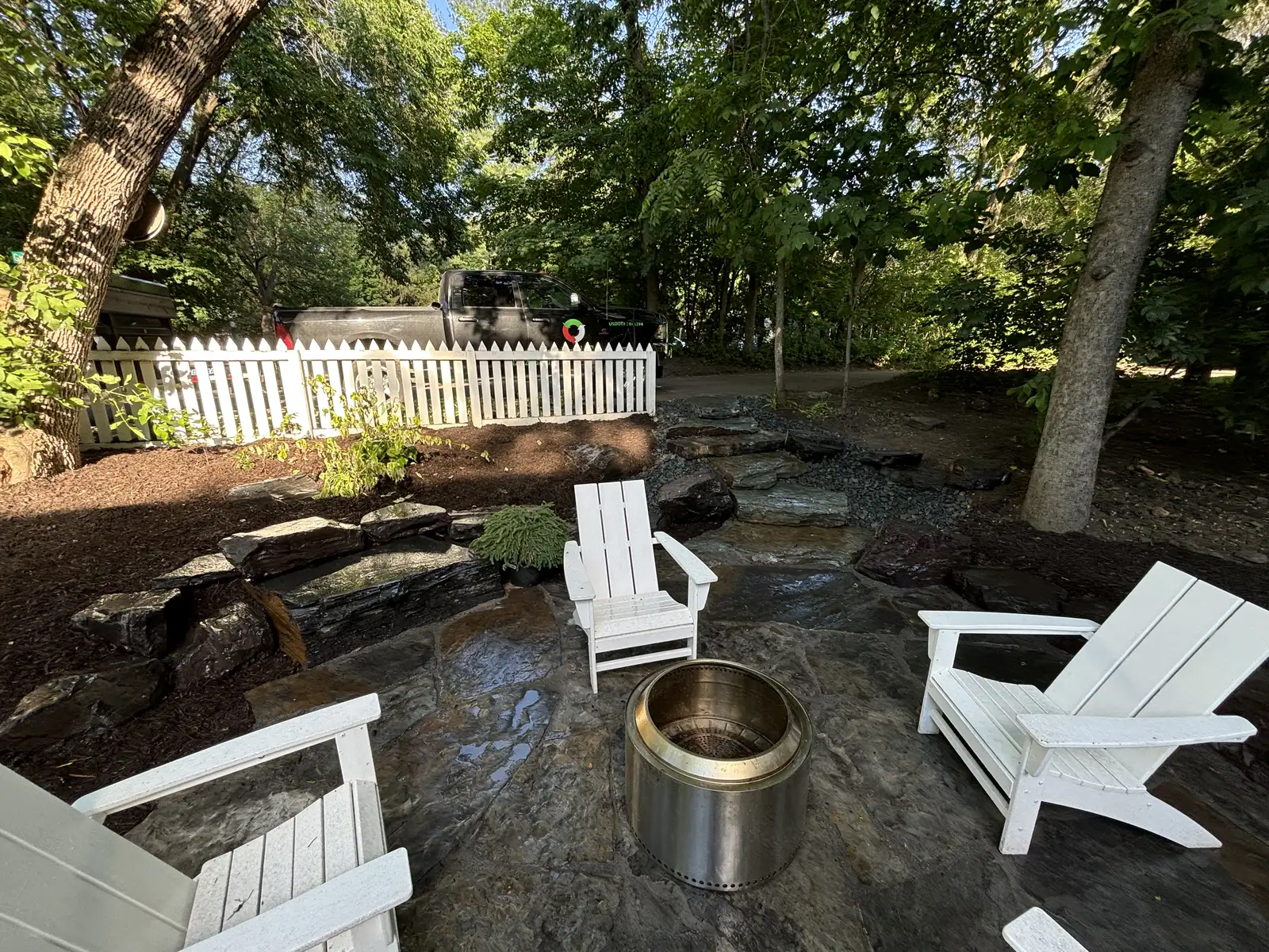 Greenwood flagstone patio — completed landscape view
