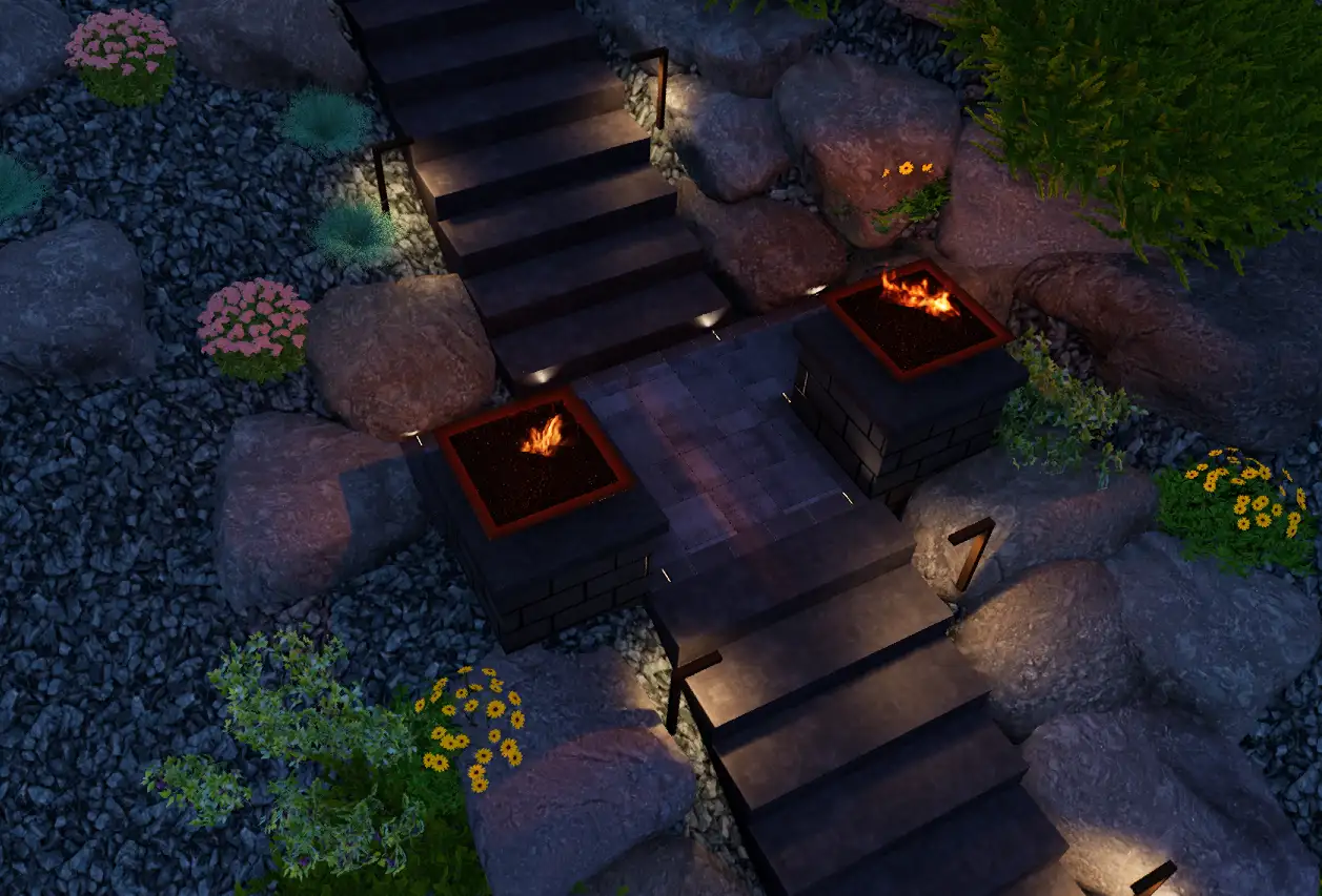 3D landscape design rendering with fire features, boulder outcroppings, and landscape lighting by Lifecycle Outdoor Services