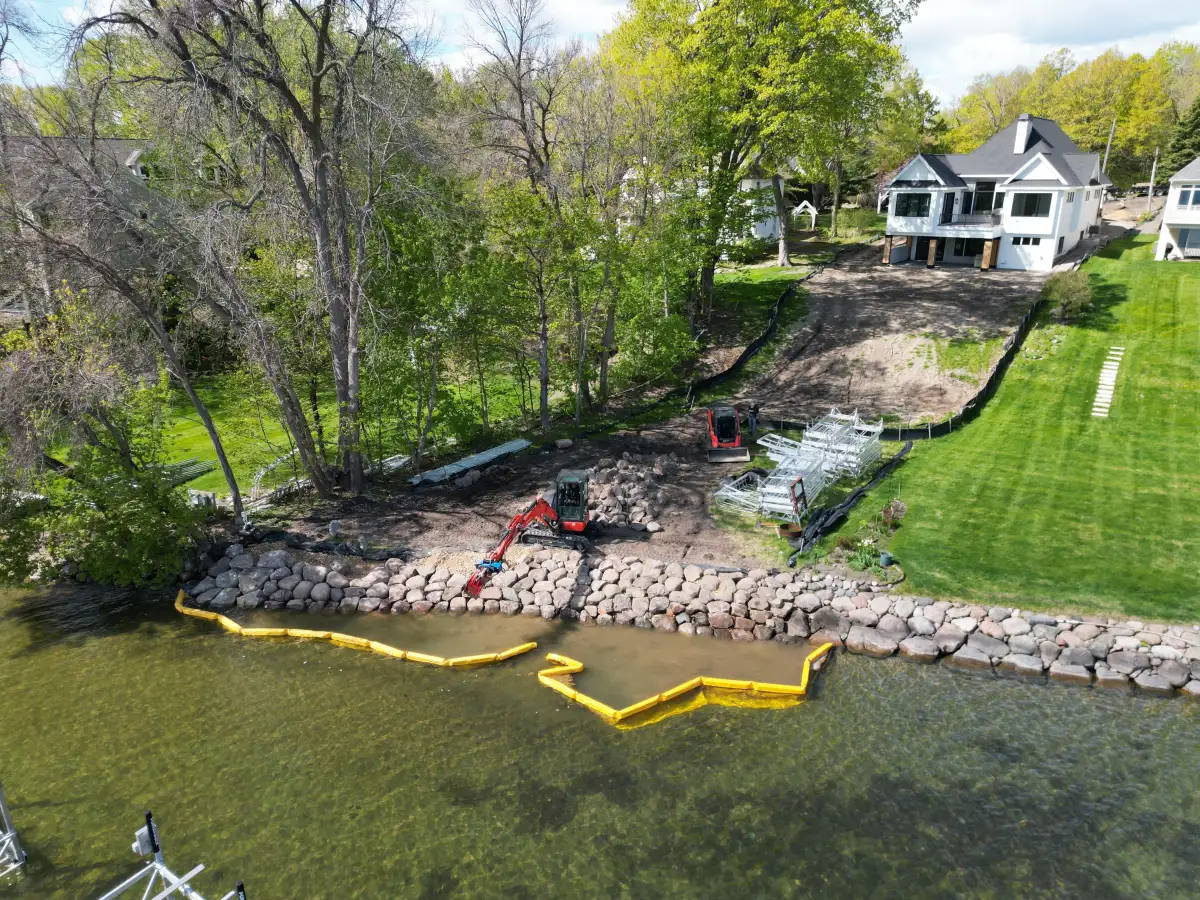 Aerial view of shoreline stabilization and rip rap installation on Lake Minnetonka in Orono, MN